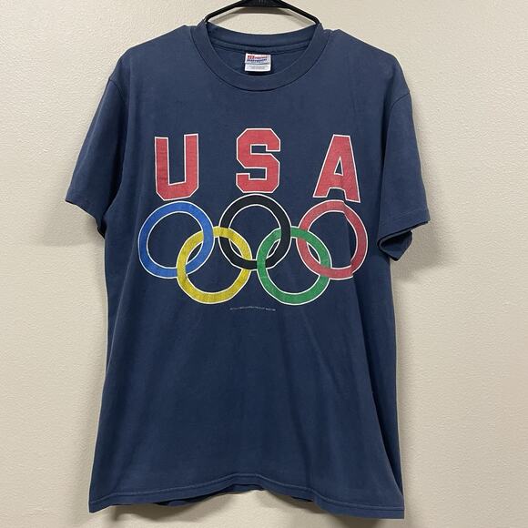 Vintage Hanes Men’s Medium USA Olympics Single Stitch Shirt Blue Rings Games - Picture 1 of 8